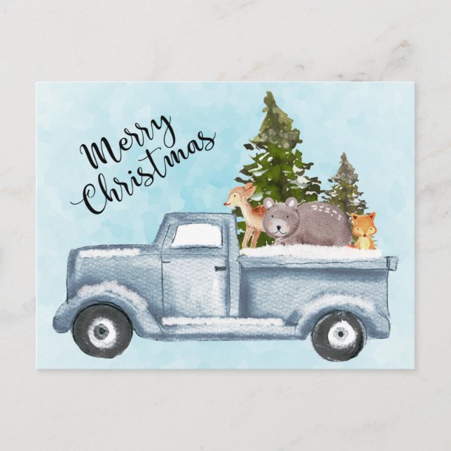 Carte Postale Camion de Noël transportant des arbres et des anim (Devant)