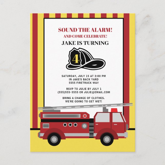 Carte Postale Camion de pompiers rayé rouge et jaune pour le 4e  (Devant)