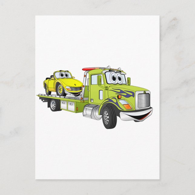 Carte Postale Camion de remorquage à plat avec dessin vert (Devant)