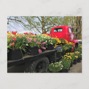 Carte Postale Camion rouge avec fleurs de printemps et arc en ci