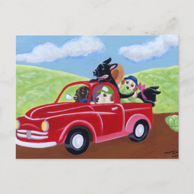 Carte Postale Camion rouge et laboratoires (Devant)