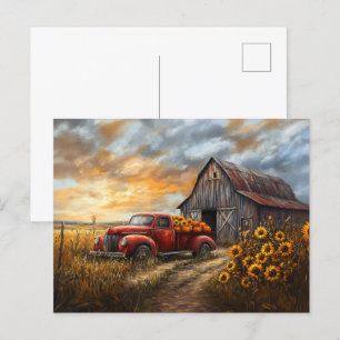 Carte Postale Camion rouge rustique avec Citrouilles et tourneso