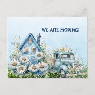 Carte Postale Camion Vintage bleu et maison Nous sommes en mouve