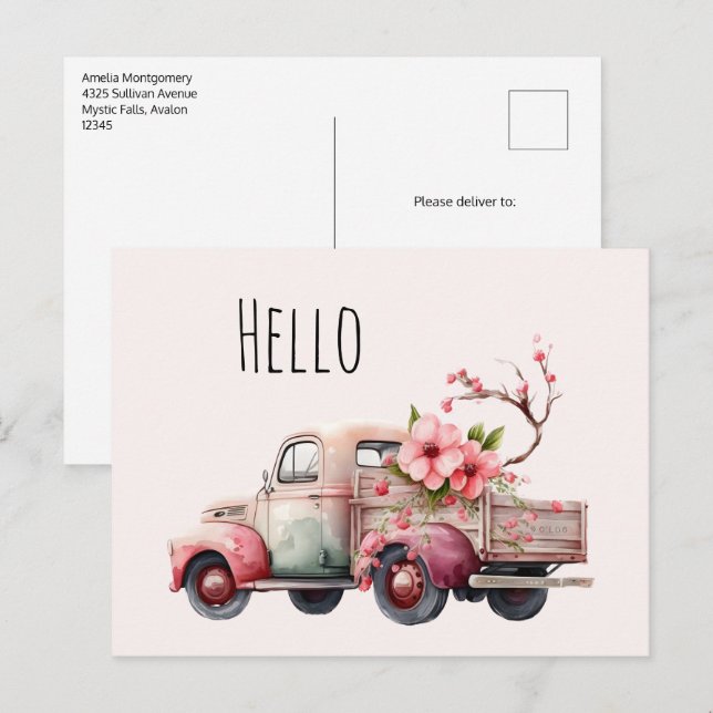 Carte Postale Camion Vintage rose (Devant / Derrière)