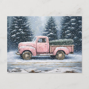 Carte Postale Camion Vintage rose qui monte un arbre de Noël