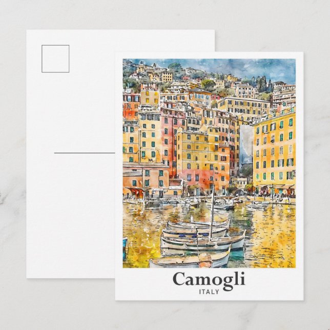 Carte Postale Camogli Italie Voyage Aquarelle main tirée (Devant / Derrière)