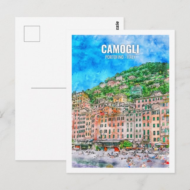 Carte Postale Camogli Portofino Italie Lieu de voyage Aquarelle (Devant / Derrière)