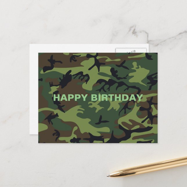 Carte Postale Camouflage vert militaire Joyeux anniversaire (Devant/Arrière en situation)
