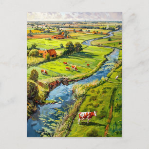 Carte Postale Campagne avec vaches et ruisseau Peinture fantasti