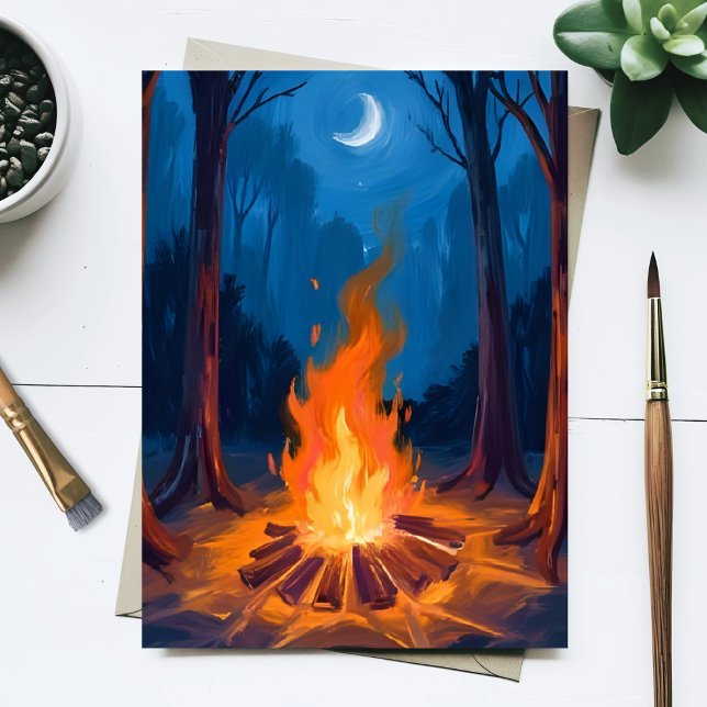Carte Postale Campfire Moon | Nature Watercolor Painting (Créateur téléchargé)