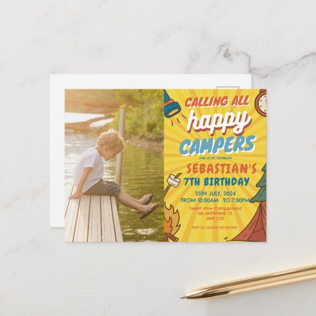 Carte Postale Camping Anniversaire Fête Enfants modernes (Devant/Arrière en situation)