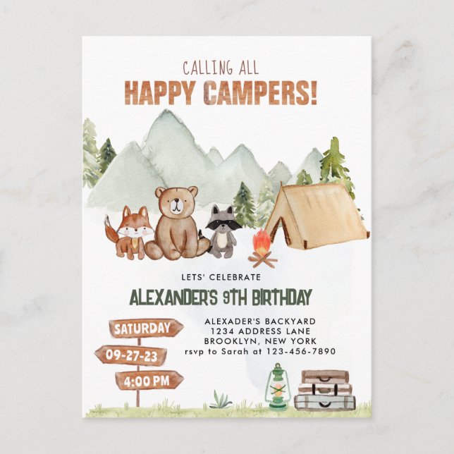 Carte Postale Camping heureux de Modern Woodland pour les enfant (Devant)