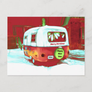 Carte Postale Camping Retro Noël Rouge Vert Vintage