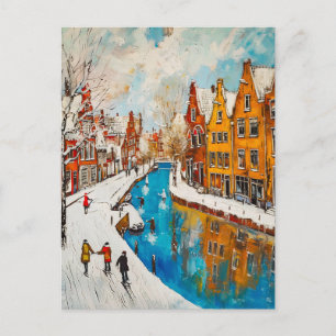 Carte Postale Canal d'hiver avec rues enneigées et maison coloré