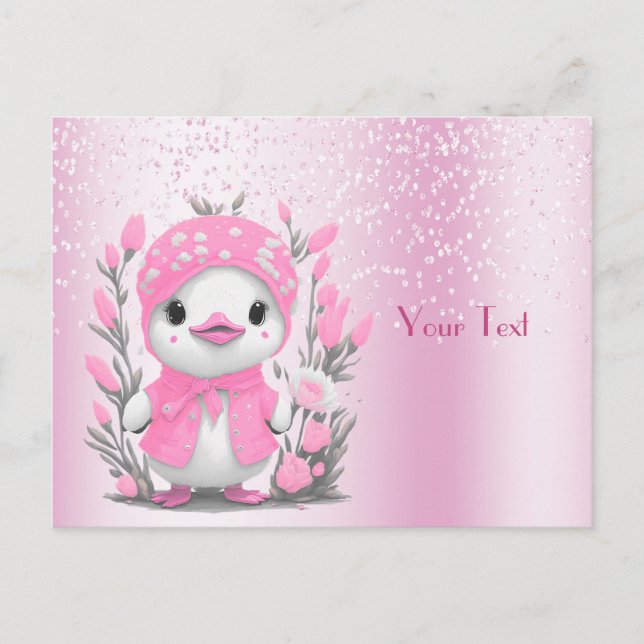Carte postale Canard aquarelle Fleurs roses (Devant)