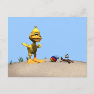 Carte Postale Canard caricaturé mignon et crabe sur la plage