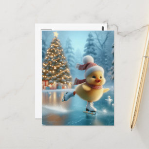 Carte Postale Canard de Noël patinant sur glace