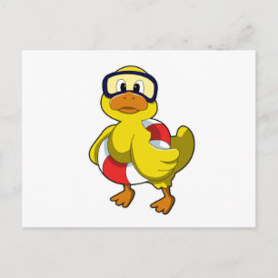 Carte Postale Canard nageant avec bouée et lunettes de plongée