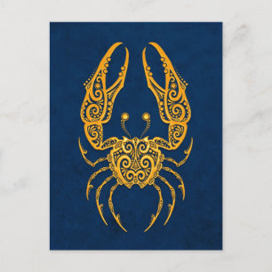Carte Postale Cancer Zodiaque Jaune Intrigué sur Fond Bleu