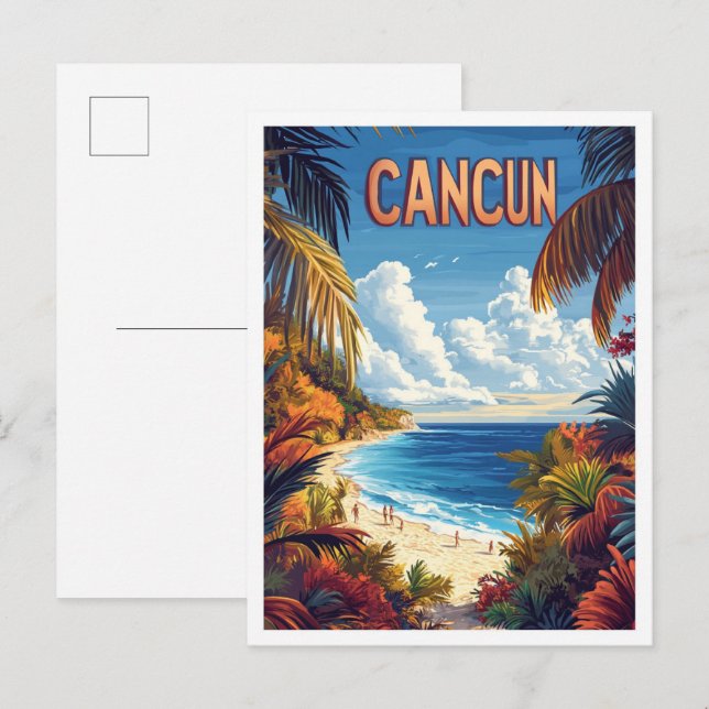 Carte Postale Cancun Beach Mexique Illustration Vintage Voyage (Devant / Derrière)