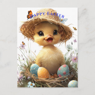 Carte Postale Caneton Chapeau de Paille Œufs de Pâques Fleurs Pa