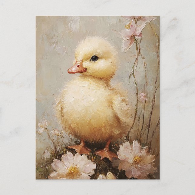 Carte Postale Caneton fantaisiste avec fleurs Art de printemps (Devant)