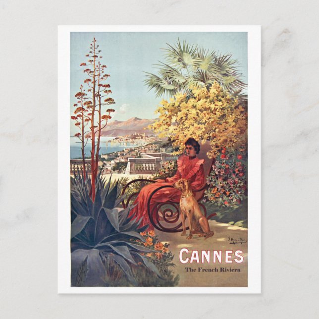Carte Postale Cannes, Lady avec son chien sur le jardin (Devant)
