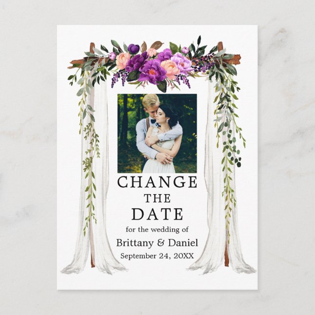 Carte Postale Canopée mariage Violet Floral Changement La Date (Devant)