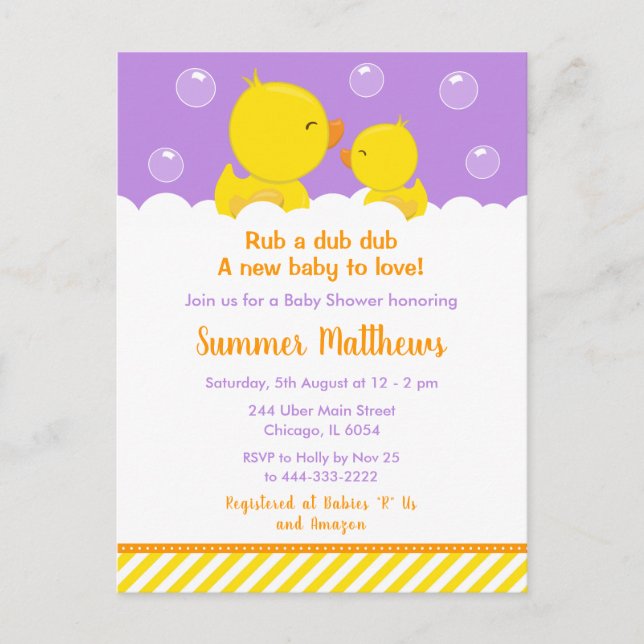 Carte Postale Caoutchouc Baby shower jaune et violet (Devant)