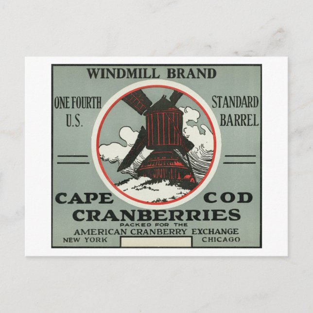 Carte Postale Cape Cod Windmill Marque Cranberry Étiquette (Devant)