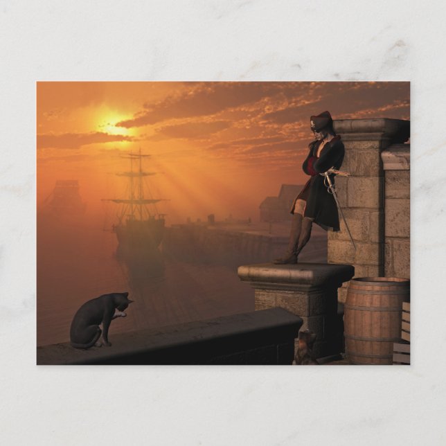 Carte Postale Capitaine pirate au coucher du soleil (Devant)