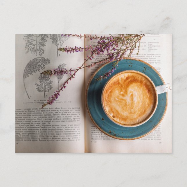 Carte Postale Cappuccino et livre à fleurs (Devant)