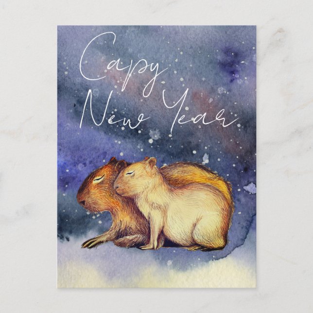 Carte Postale Capy Nouvel An Aquarelle Cute Capybara Baby & Mama (Devant)