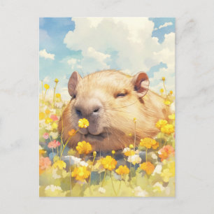 Carte Postale Capybara dans une prairie ensoleillée de fleurs sa