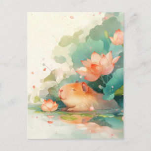 Carte Postale Capybara faisant la sieste dans un étang de fleurs