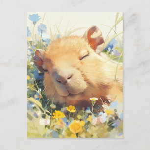 Carte Postale Capybara faisant la sieste dans une prairie de fle