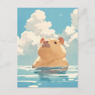 Carte Postale Capybara nageant dans l'eau bleue sous des nuages 
