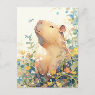 Carte Postale Capybara paisible avec petit oiseau bleu