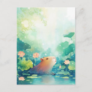 Carte Postale Capybara paisible dans un étang de fleurs de lotus