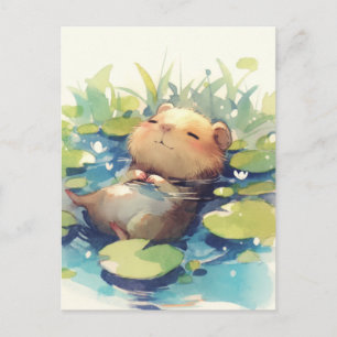 Carte Postale Capybara paisible flottant dans un bassin de nénup