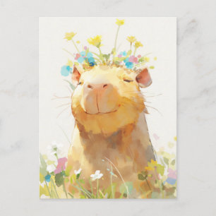 Carte Postale Capybara souriant avec couronne de fleurs sauvages
