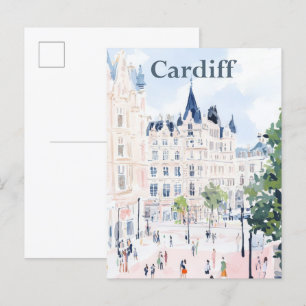 Carte Postale Cardiff Wales Aquarelle Peinture Voyage