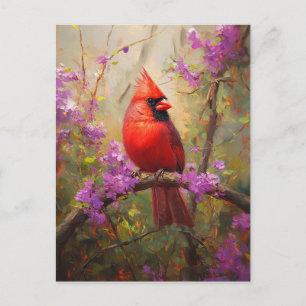 Carte Postale Cardinal aux fleurs violettes