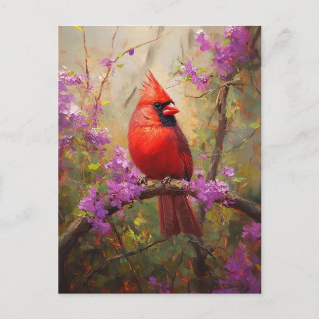 Carte Postale Cardinal aux fleurs violettes (Devant)