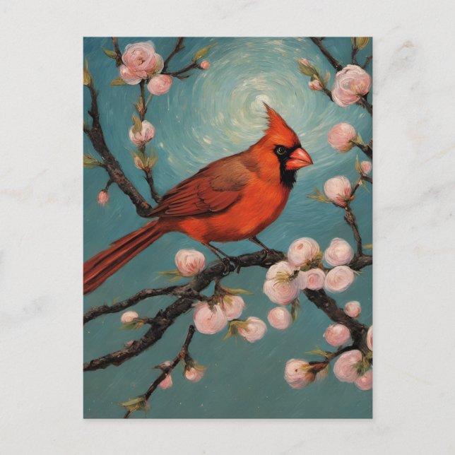 Carte Postale Cardinal dans un amandier en fleurs (Devant)