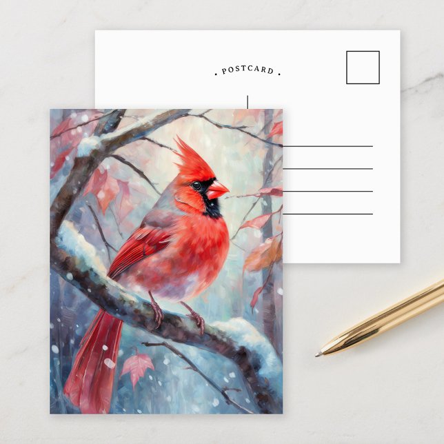 Carte Postale Cardinal Moderne d'Hiver enneigé (Créateur téléchargé)