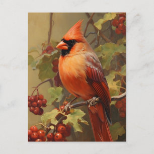 Carte Postale Cardinal rouge et baies sauvages de la forêt