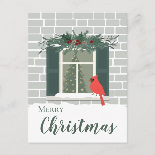 Carte Postale Cardinal rouge près de la fenêtre joyeux Noël (Devant)