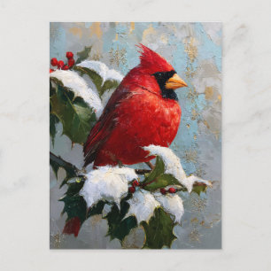 Carte Postale Cardinal rouge sur houx enneigé