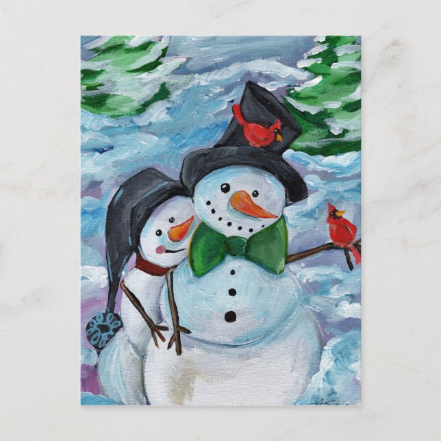 Carte Postale Cardinal visitant Snowmen (Devant)
